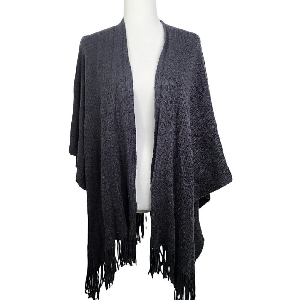 Women's Charcoal Grey Ribbed Extra Soft Knit Fringe Poncho Drape Cardigan